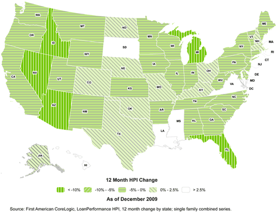 Map of United States: home prices 12-month change by state, single family combined