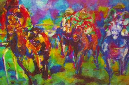 Impressionistic painting of a horse race