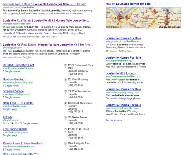 Screenshot of a web search for Louisville homes for sale
