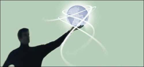 Stylized image of a man holding a glowing orb of the Earth
