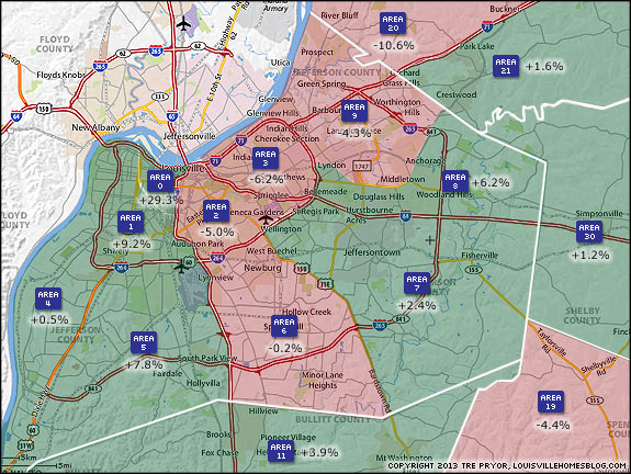 Map of Louisville home value changes by MLS area during 2012