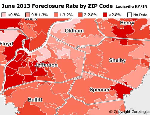 Map of June 2013 Foreclosure Rate by ZIP Code in Louisville Kentucky and Southern Indiana