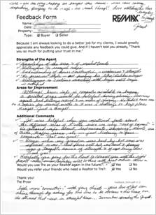 A fully completed Feedback Form by Tre Pryor Louisville Realtor