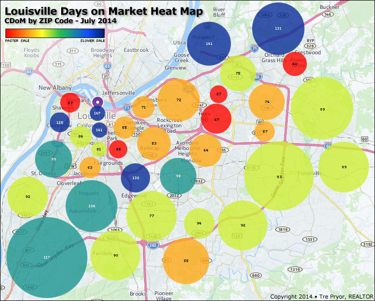 Louisville Days on Market Heat Map CDoM by ZIP Code, July 2014