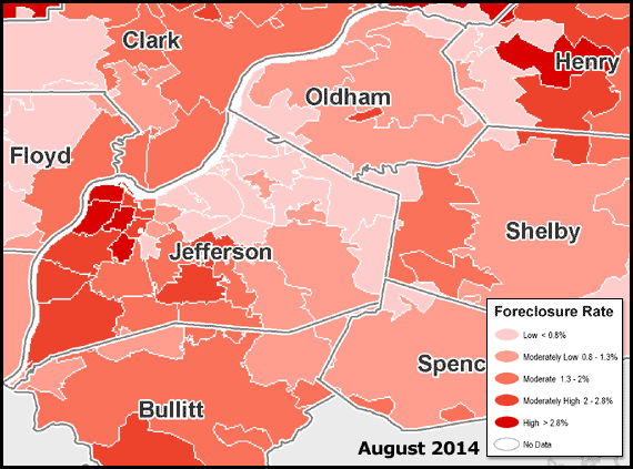 Louisville KY foreclosures map for August 2014