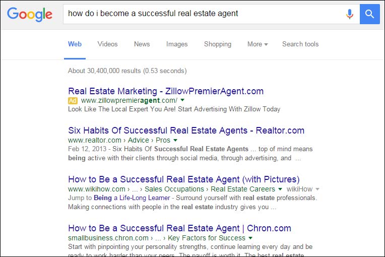 Screen shot of Google results for search how to become a successful real estate agent