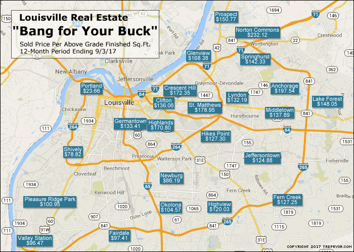Louisville map with the best bang for your buck real estate areas by price per square foot