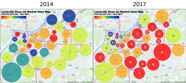 Louisville Days on Market Heat Map CDoM by ZIP Code - 2014 vs 2017