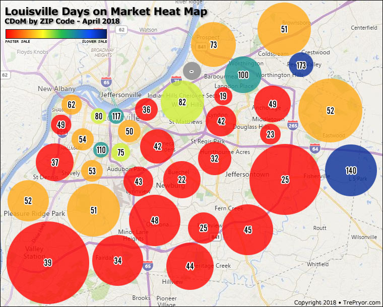 Louisville Days on Market Heat Map CDoM by ZIP Code - April 2018