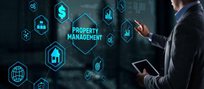 Graphic of man before a digital touchscreen with a property management icon