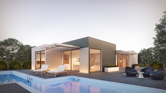 3D architectural rendering of a modern house with a pool