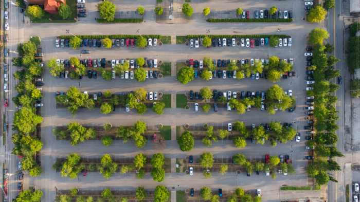 Overhead photo of a commercial parking lot