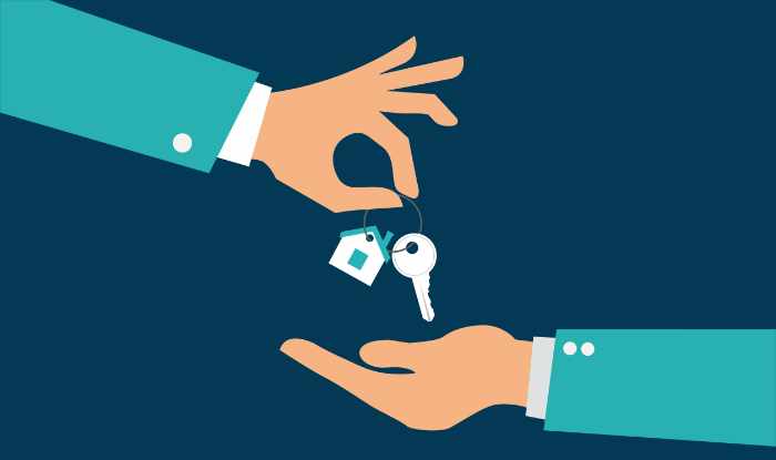 Graphic with a real estate agent handing house keys to a client