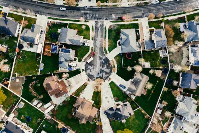 Drone view of homes in a neighborhood
