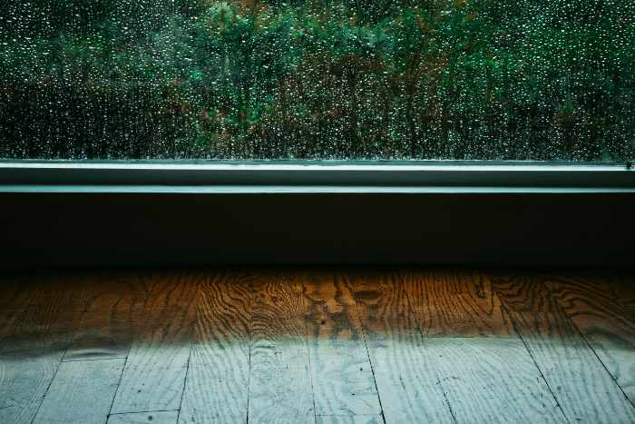 Close up photo of hardwood floors near a window with rain on it.
