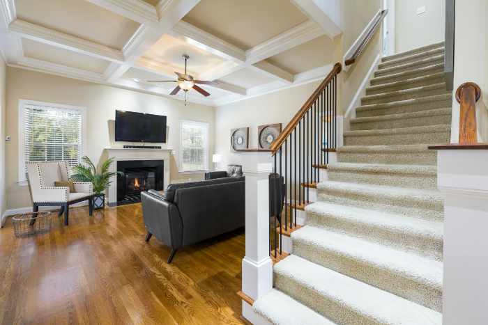 Photo of a lovely family roof with coffered ceiling and staircase - Proven Anti-Slip Options for Stairs and Flooring