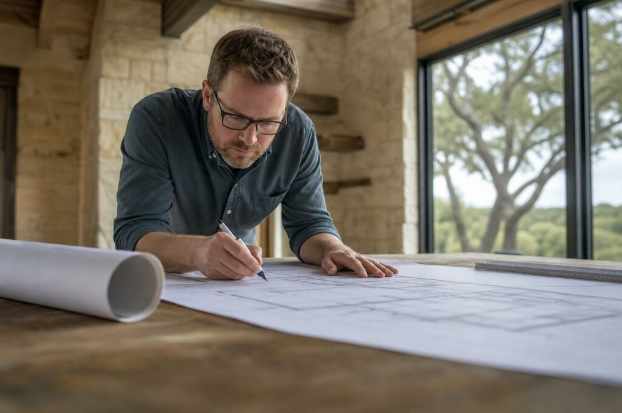 Photo of an architect working on blueprints