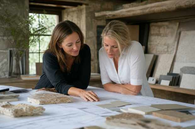 Photo of an interior designer going over selections with her client