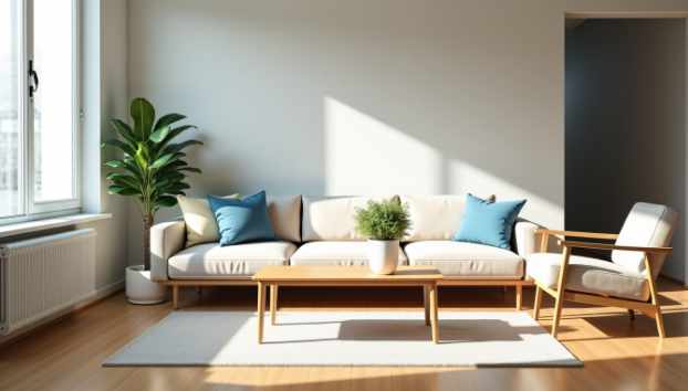 Photo of a nice living room with sun coming through the window